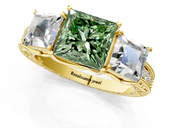 Yellow Gold Princess Cut Engraved Three Stone Engagement Ring Setting for Fancy Green Center