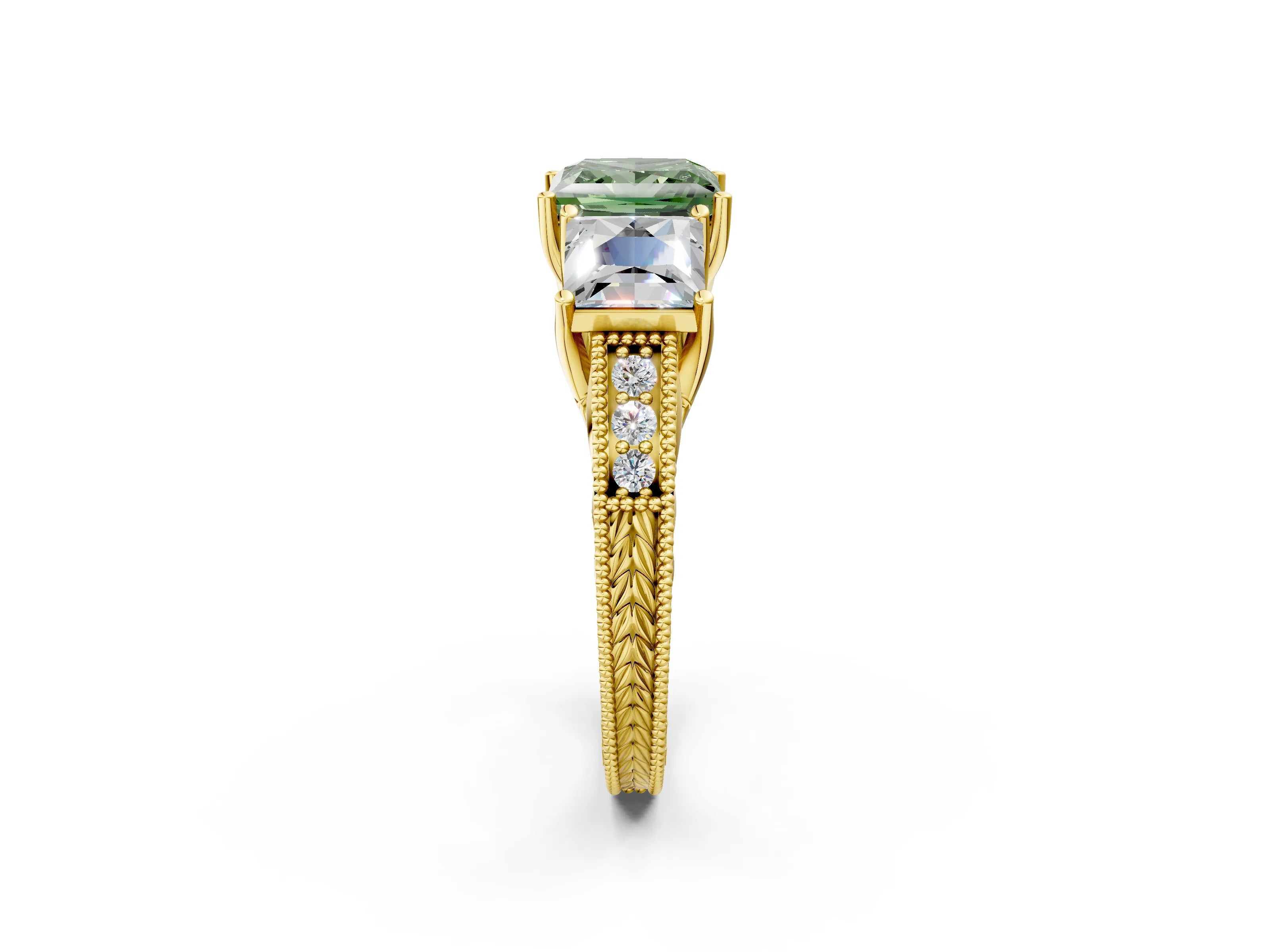 Yellow gold Three-Stone Fancy Green Princess Cut Cut Milgrain Pavé Engagement Ring_14
