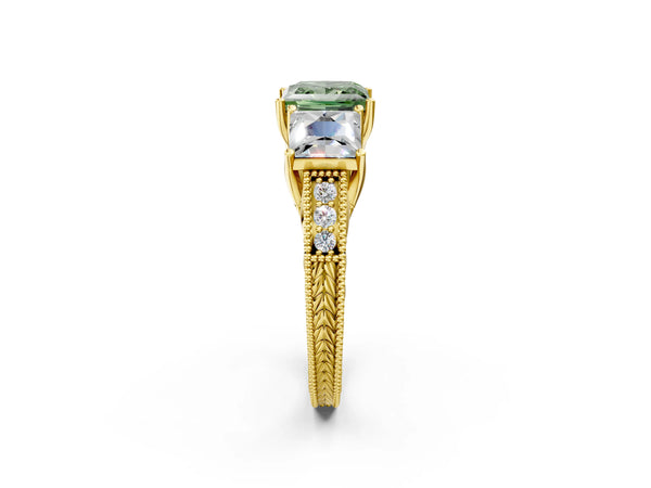 Yellow Gold Princess Cut Engraved Three Stone Engagement Ring Setting for Fancy Green Center