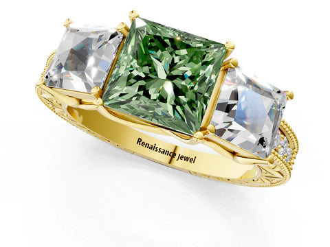 Yellow gold Three-Stone Fancy Green Princess Cut Cut Milgrain Pavé Engagement Ring_1