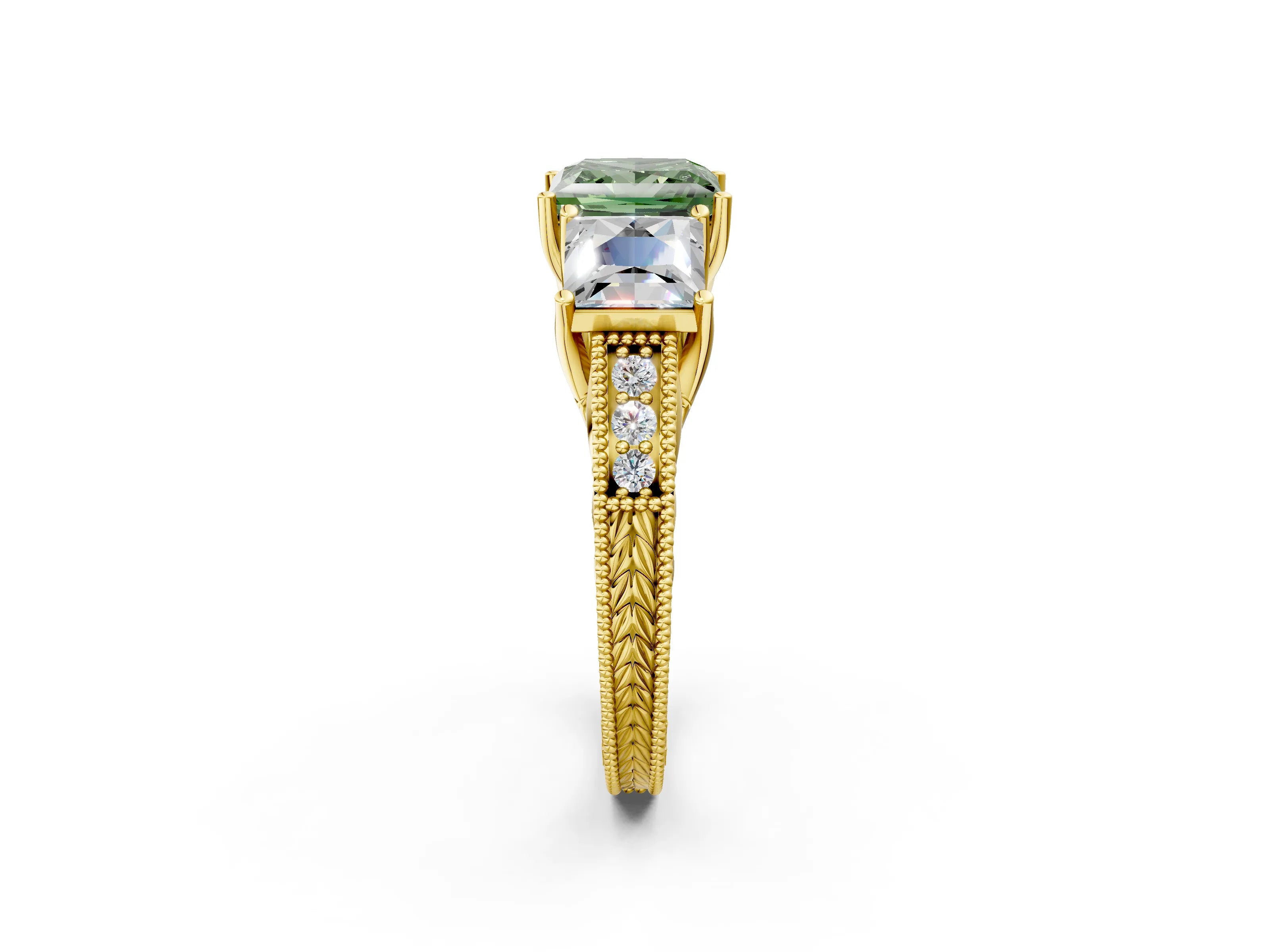 Yellow gold Three-Stone Fancy Green Princess Cut Cut Milgrain Pavé Engagement Ring_2