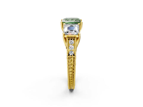 Yellow gold Three-Stone Fancy Green Princess Cut Cut Milgrain Pavé Engagement Ring_2