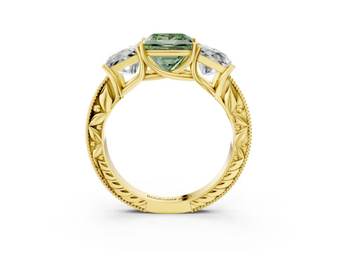 Yellow gold Three-Stone Fancy Green Princess Cut Cut Milgrain Pavé Engagement Ring_3