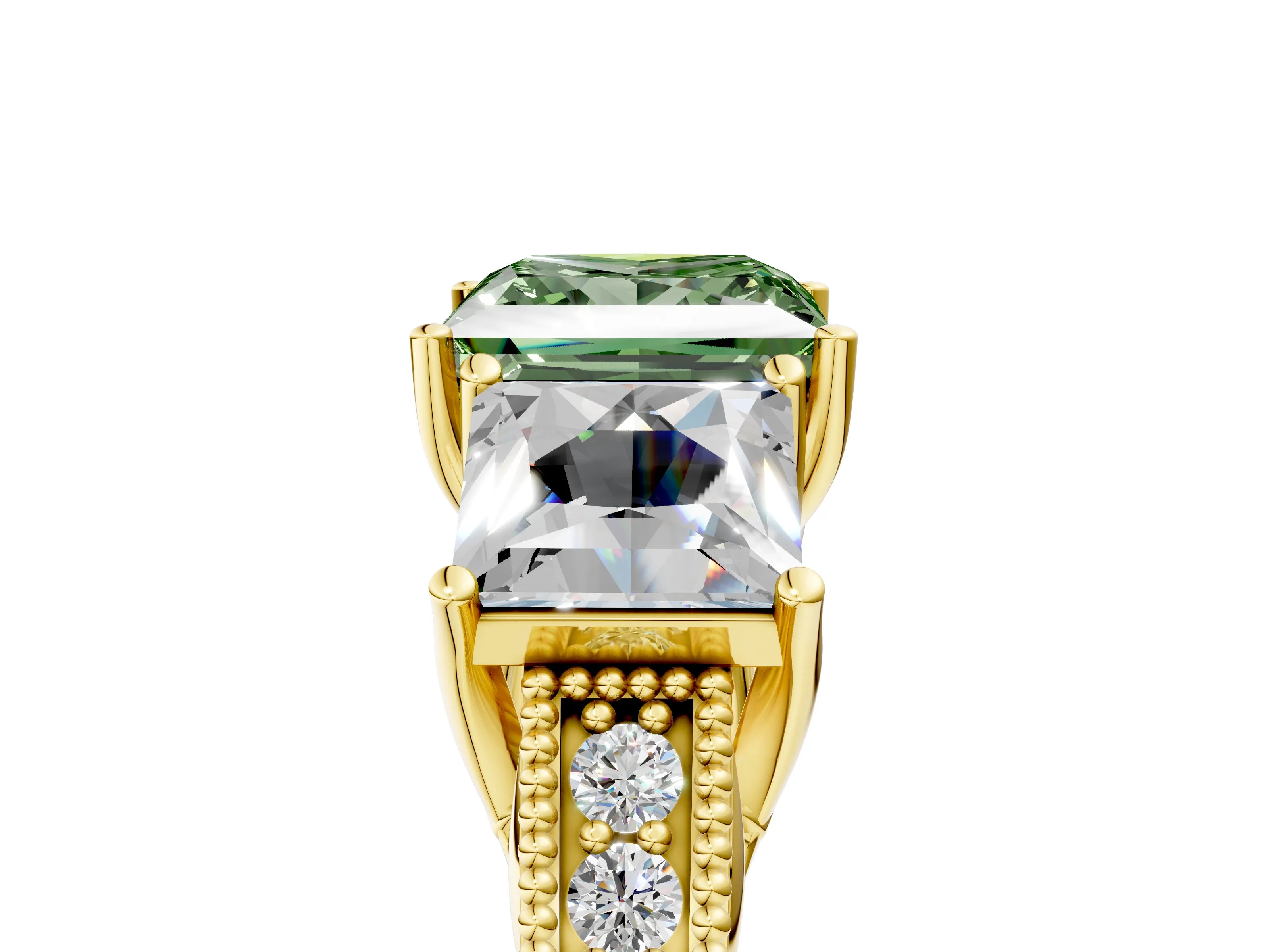 Yellow gold Three-Stone Fancy Green Princess Cut Cut Milgrain Pavé Engagement Ring_5