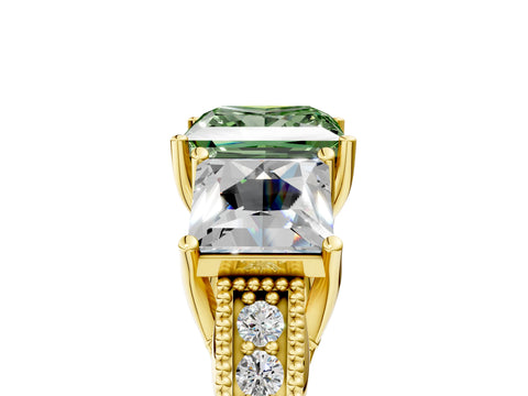 Yellow gold Three-Stone Fancy Green Princess Cut Cut Milgrain Pavé Engagement Ring_5