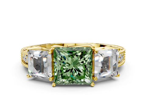 Yellow gold Three-Stone Fancy Green Princess Cut Cut Milgrain Pavé Engagement Ring