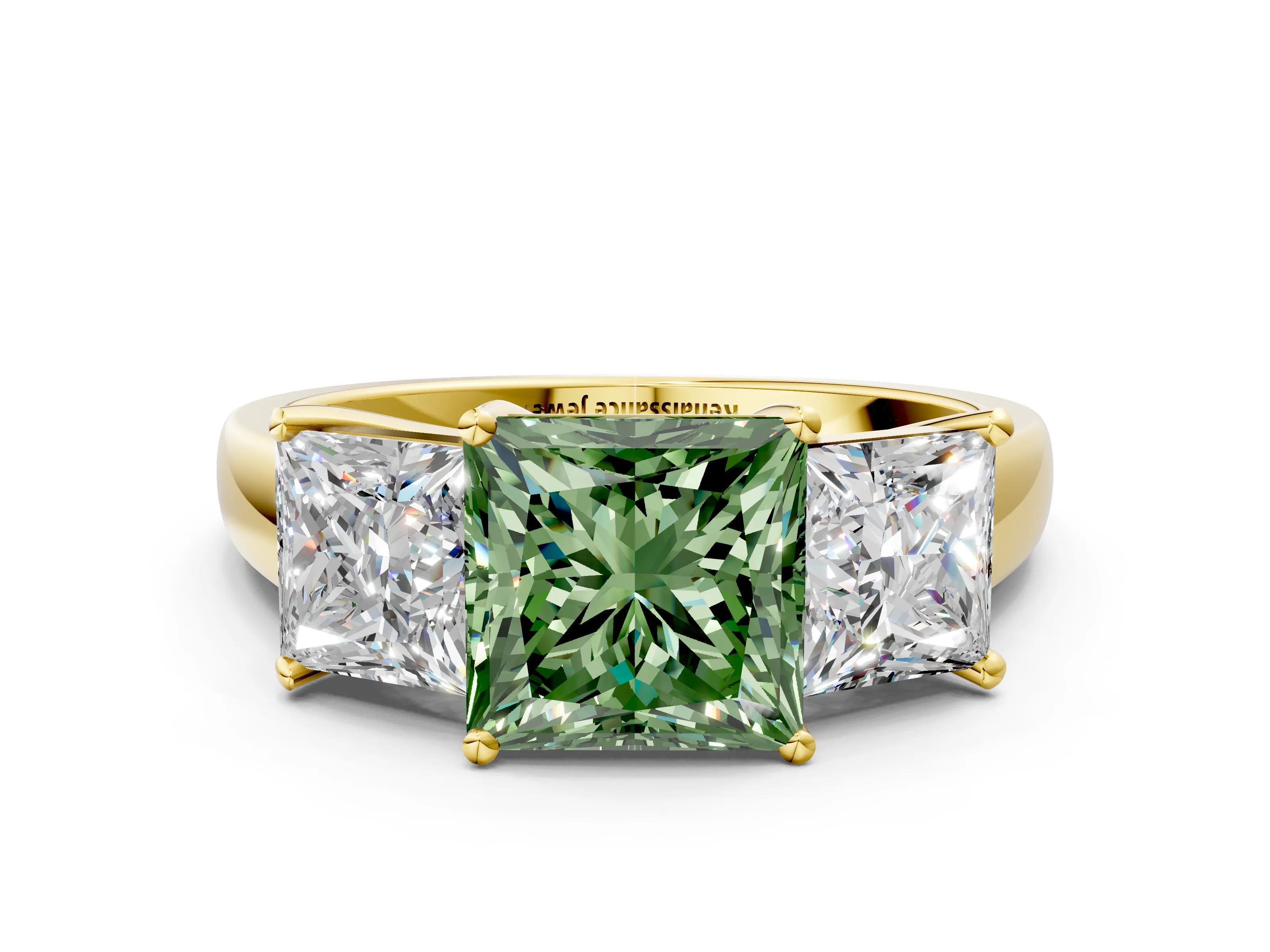 Yellow gold Three-Stone Fancy Green Princess Cut Cut Solitaire Ring with Classic Prong Setting