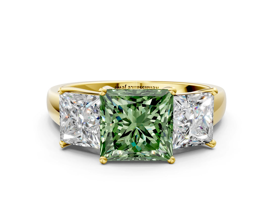Yellow gold Three-Stone Fancy Green Princess Cut Cut Solitaire Ring with Classic Prong Setting