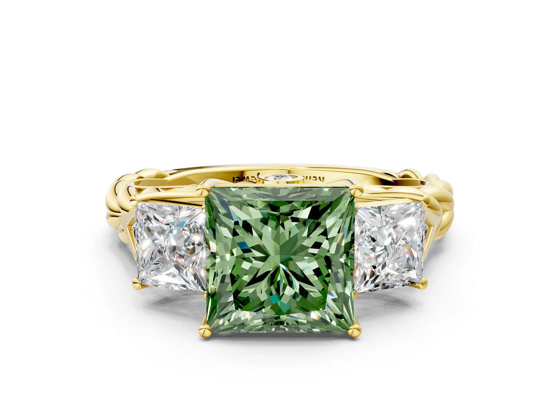 Yellow gold Three-Stone Fancy Green Princess Cut Diamond Braided Band Ring with Four-Prong Setting_34