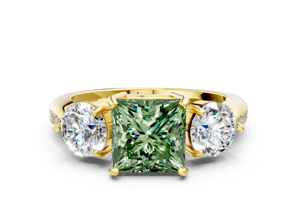 Yellow gold Three-Stone Fancy Green Princess Cut Diamond Channel Set Engagement Ring with Prong Setting