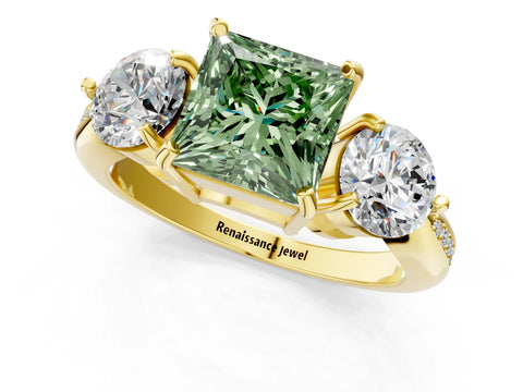 Yellow gold Three-Stone Fancy Green Princess Cut Diamond Channel Set Engagement Ring with Prong Setting_1