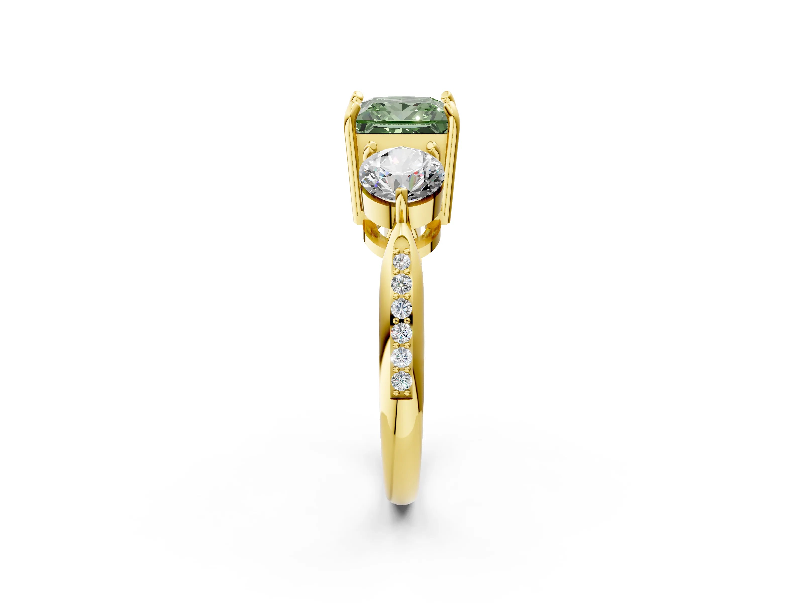 Yellow gold Three-Stone Fancy Green Princess Cut Diamond Channel Set Engagement Ring with Prong Setting_2
