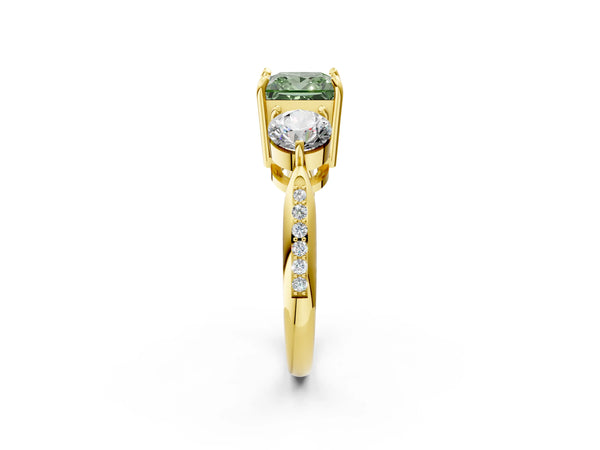 Yellow gold Three-Stone Fancy Green Princess Cut Diamond Channel Set Engagement Ring with Prong Setting