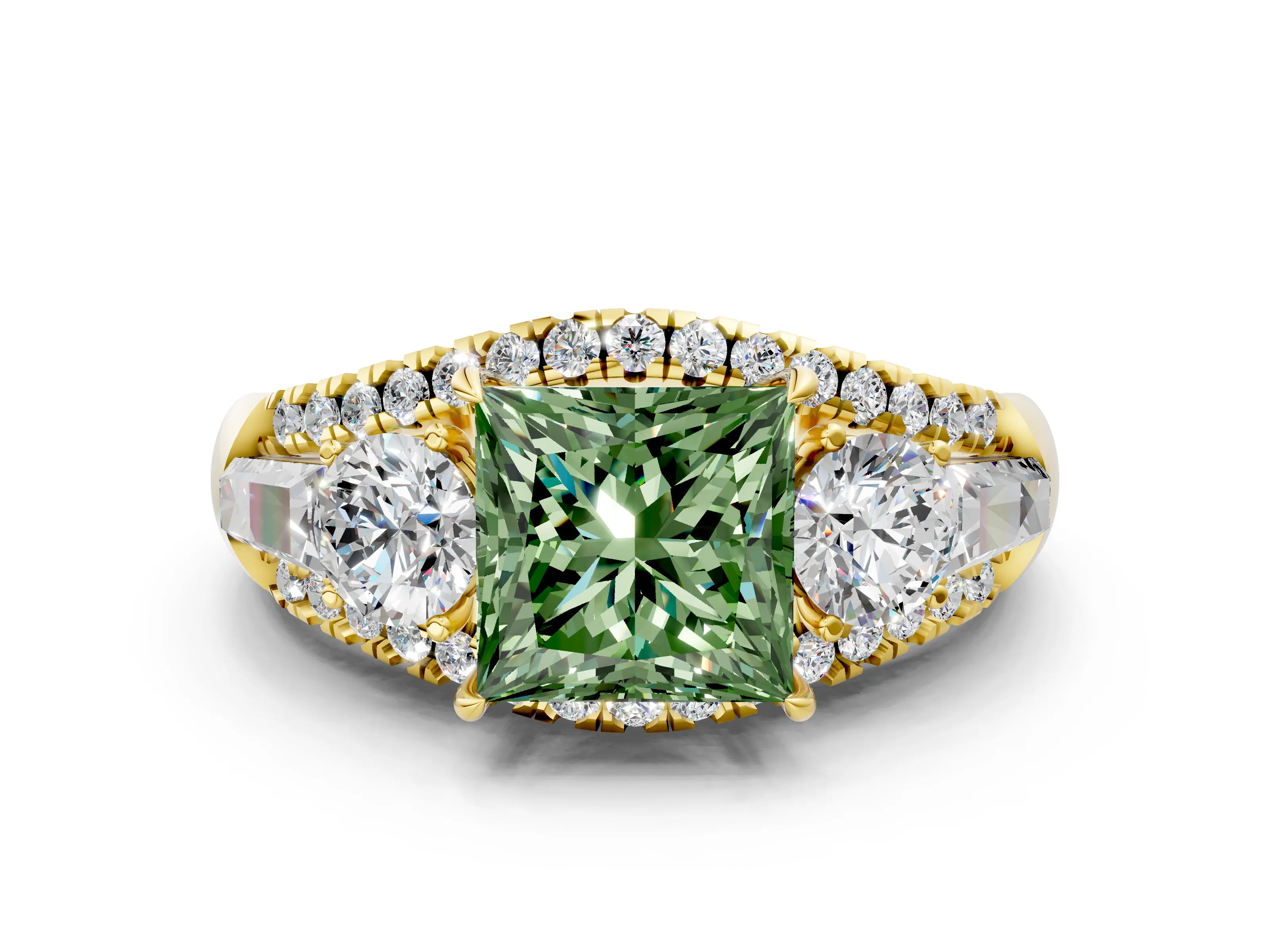 Yellow gold Three-Stone Fancy Green Princess Cut Diamond Engagement Ring with Pave Band and Prong Setting