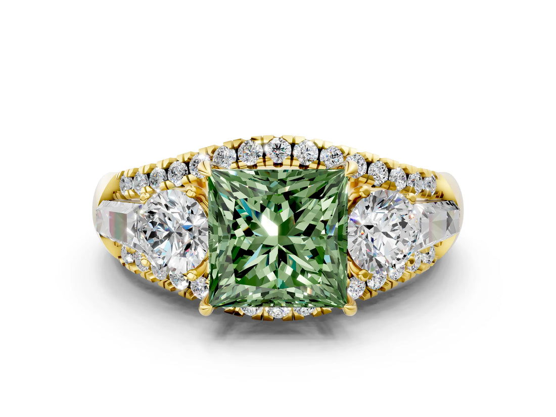 Yellow gold Three-Stone Fancy Green Princess Cut Diamond Engagement Ring with Pave Band and Prong Setting