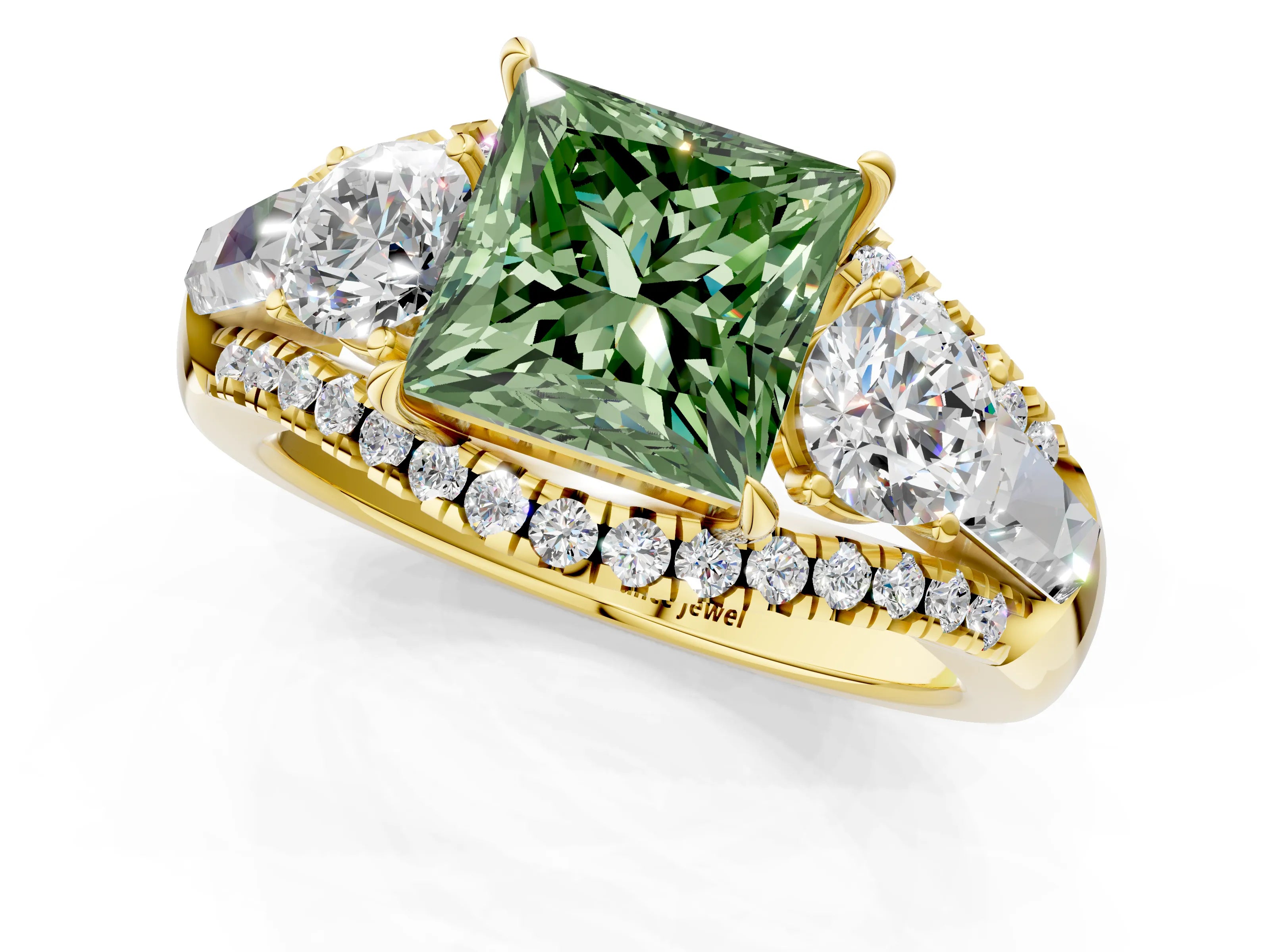Yellow gold Three-Stone Fancy Green Princess Cut Diamond Engagement Ring with Pave Band and Prong Setting_1