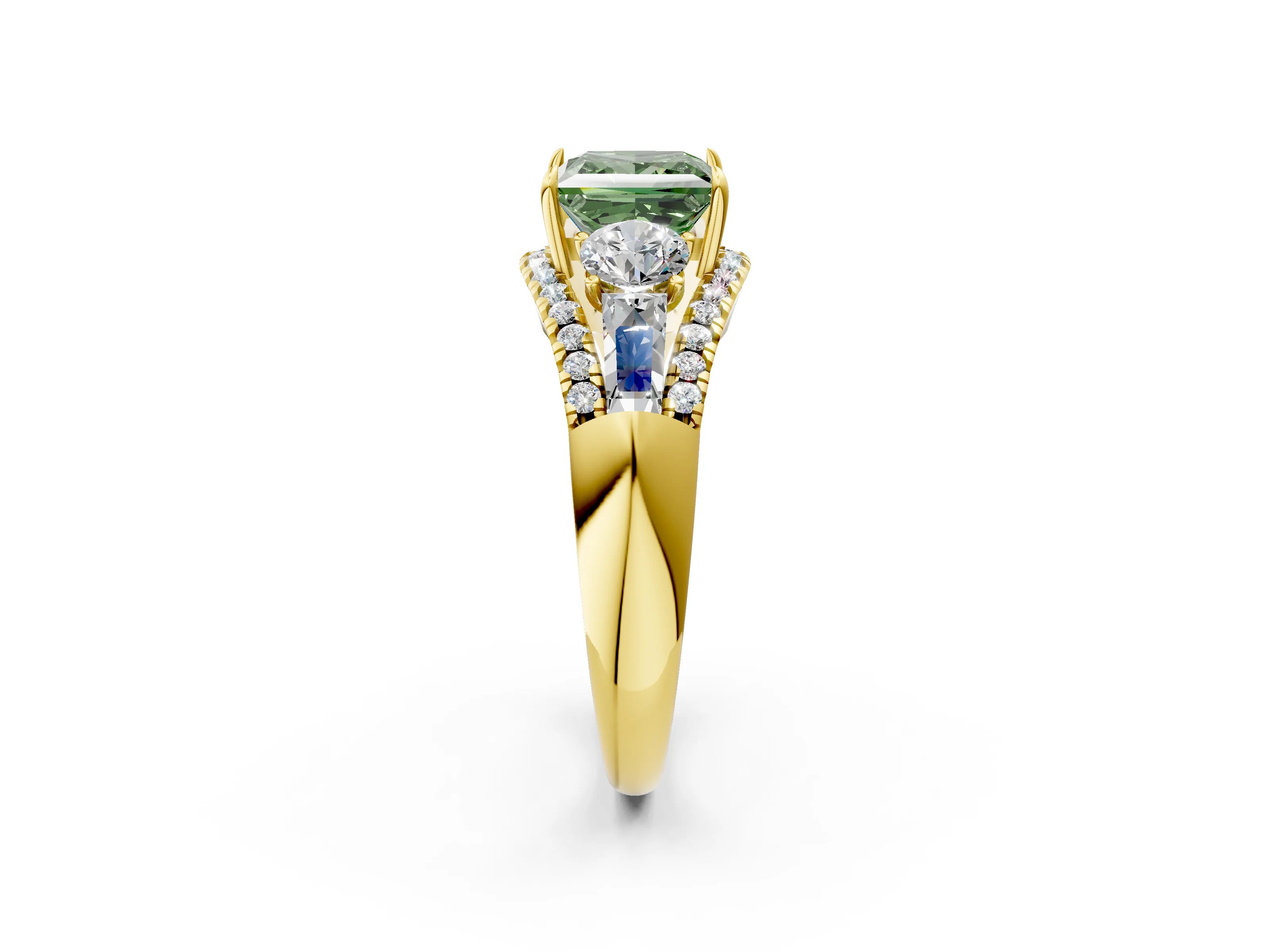 Yellow gold Three-Stone Fancy Green Princess Cut Diamond Engagement Ring with Pave Band and Prong Setting_2