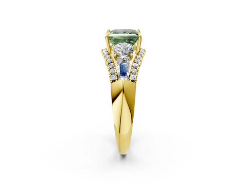 Yellow gold Three-Stone Fancy Green Princess Cut Diamond Engagement Ring with Pave Band and Prong Setting_2