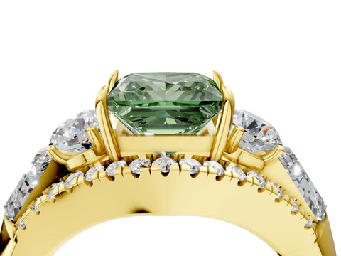 Yellow gold Three-Stone Fancy Green Princess Cut Diamond Engagement Ring with Pave Band and Prong Setting_4