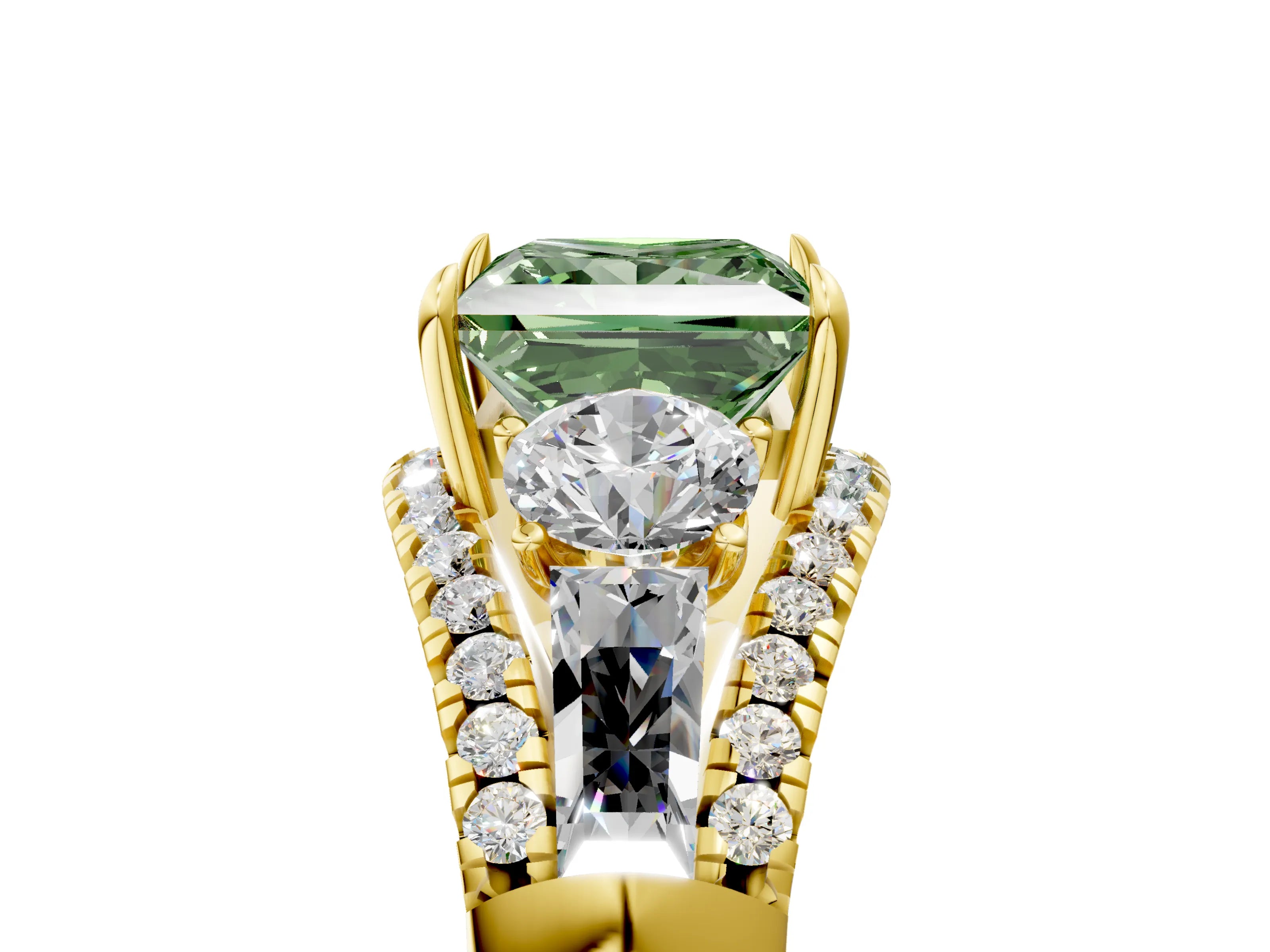 Yellow gold Three-Stone Fancy Green Princess Cut Diamond Engagement Ring with Pave Band and Prong Setting_5