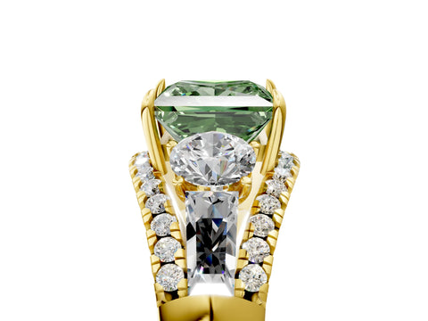 Yellow gold Three-Stone Fancy Green Princess Cut Diamond Engagement Ring with Pave Band and Prong Setting_5