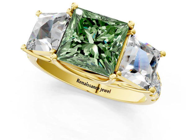 Yellow gold Three-Stone Fancy Green Princess Cut Diamond Pavé Band with Prong Setting