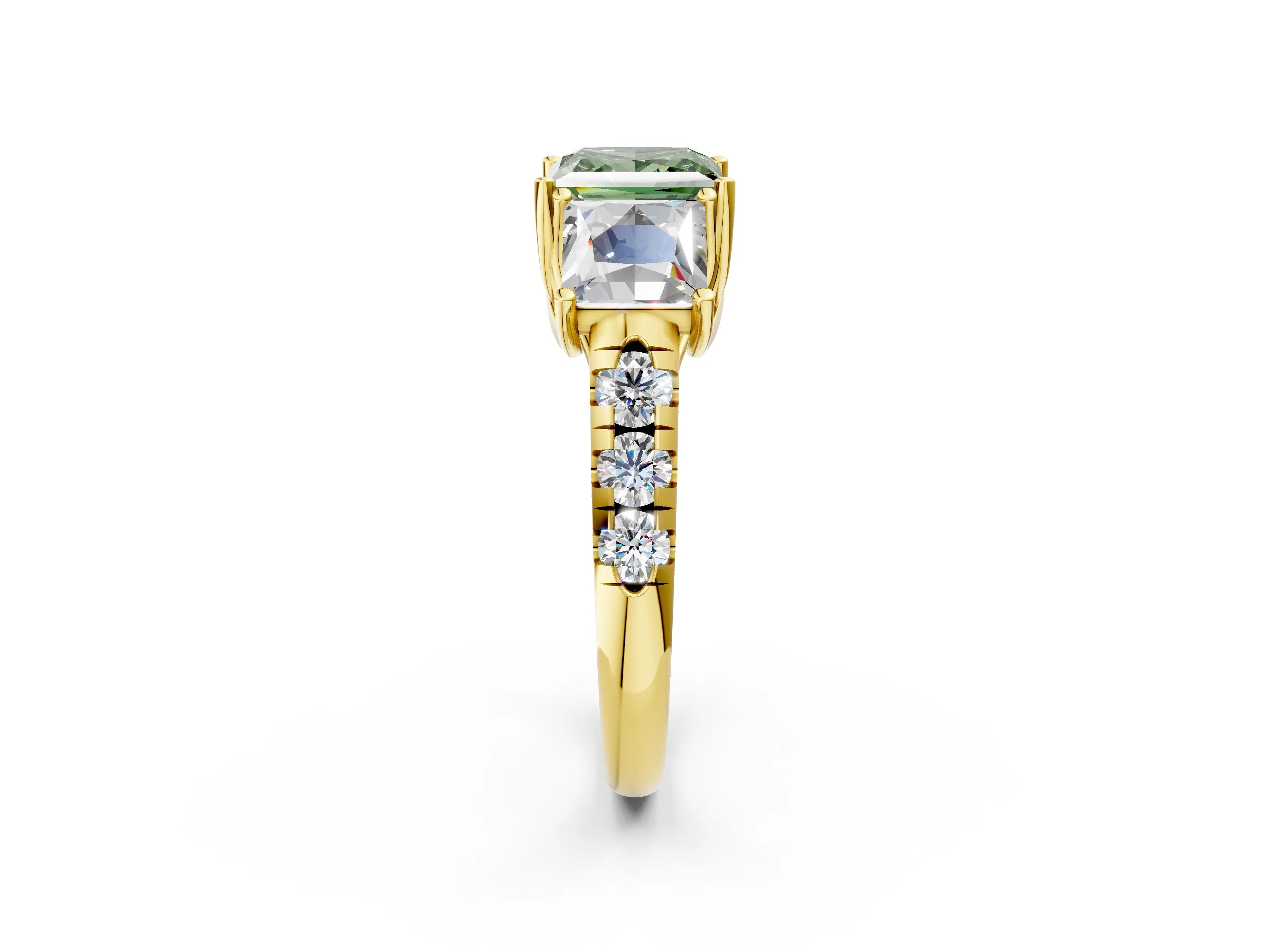 Yellow gold Three-Stone Fancy Green Princess Cut Diamond Pavé Band with Prong Setting_2