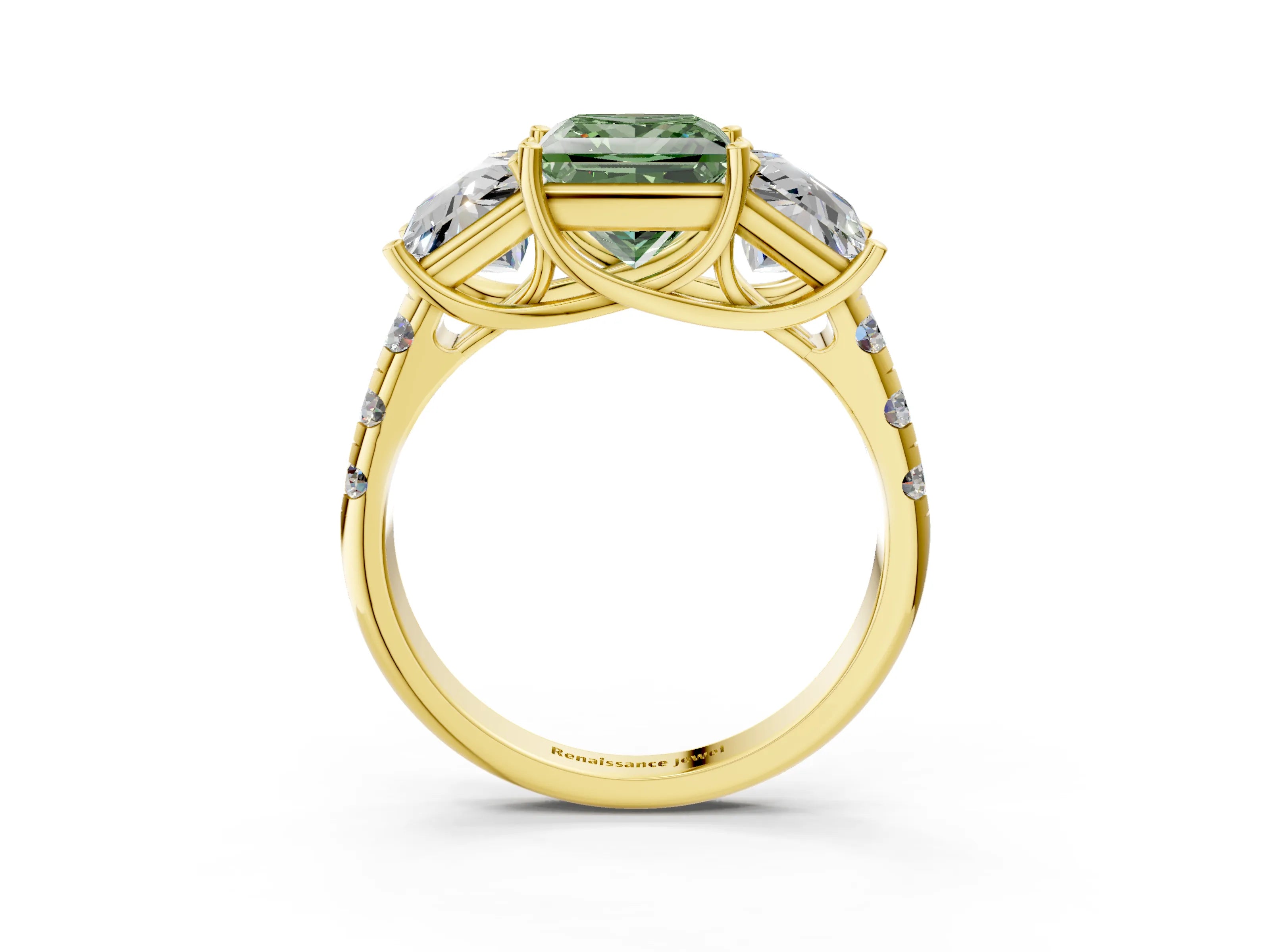 Yellow gold Three-Stone Fancy Green Princess Cut Diamond Pavé Band with Prong Setting_3