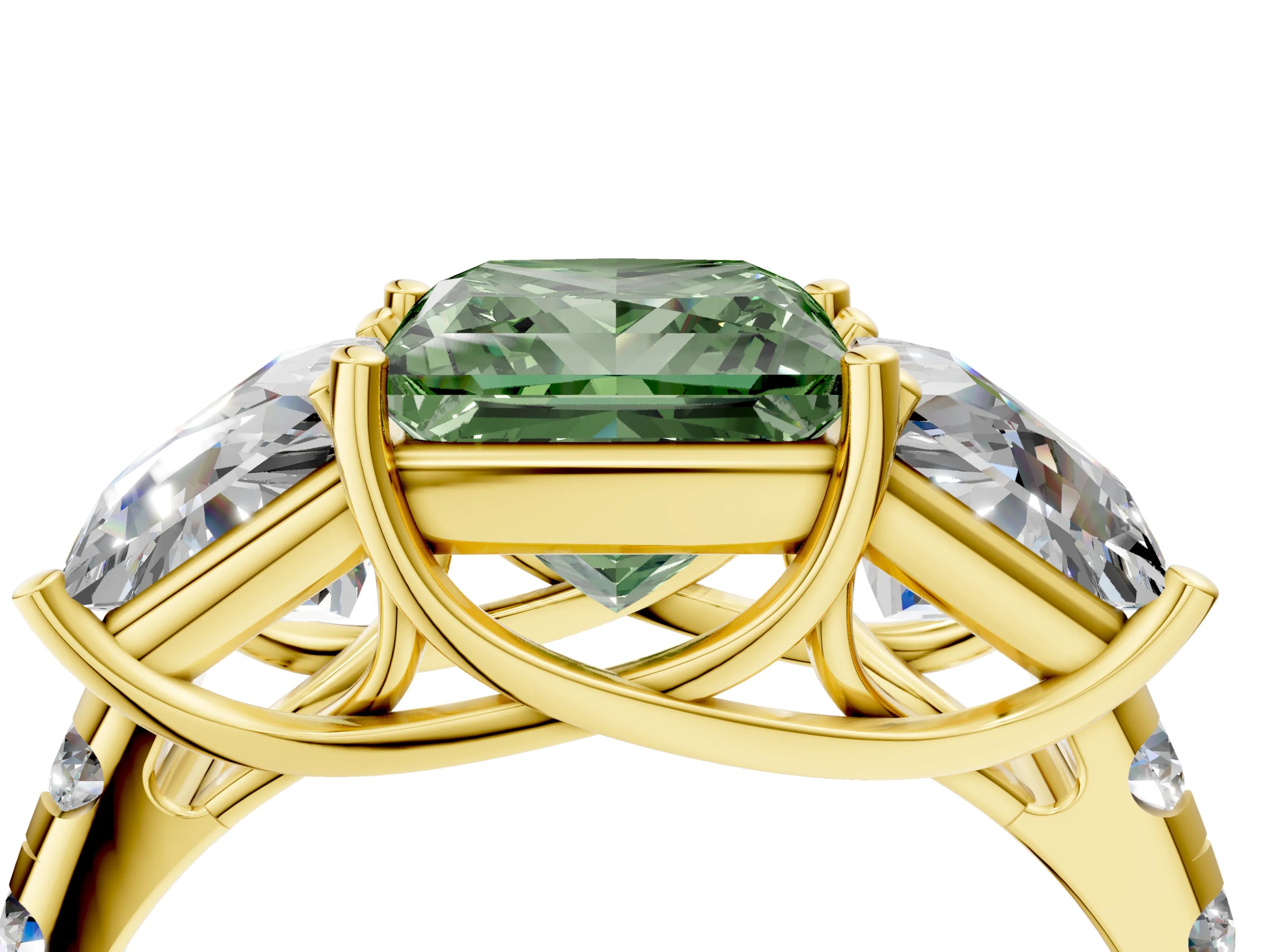 Yellow gold Three-Stone Fancy Green Princess Cut Diamond Pavé Band with Prong Setting_4