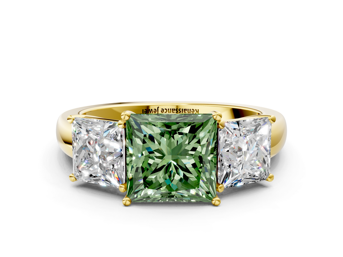 Yellow gold Three-Stone Fancy Green Princess  Cut Diamond Ring with Channel-Set Band and Four-Prong Setting_17