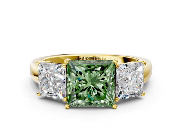 Yellow gold Fancy Green Princess Cut Diamond Three-Stone Ring with Four-Prong Setting and Classic Band