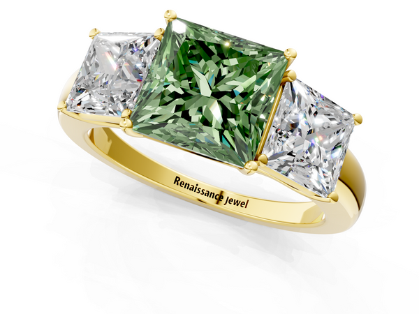 Yellow gold Fancy Green Princess Cut Diamond Three-Stone Ring with Four-Prong Setting and Classic Band