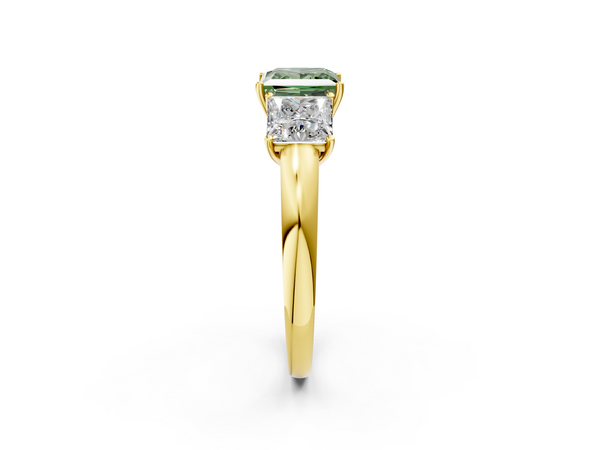 Yellow gold Fancy Green Princess Cut Diamond Three-Stone Ring with Four-Prong Setting and Classic Band
