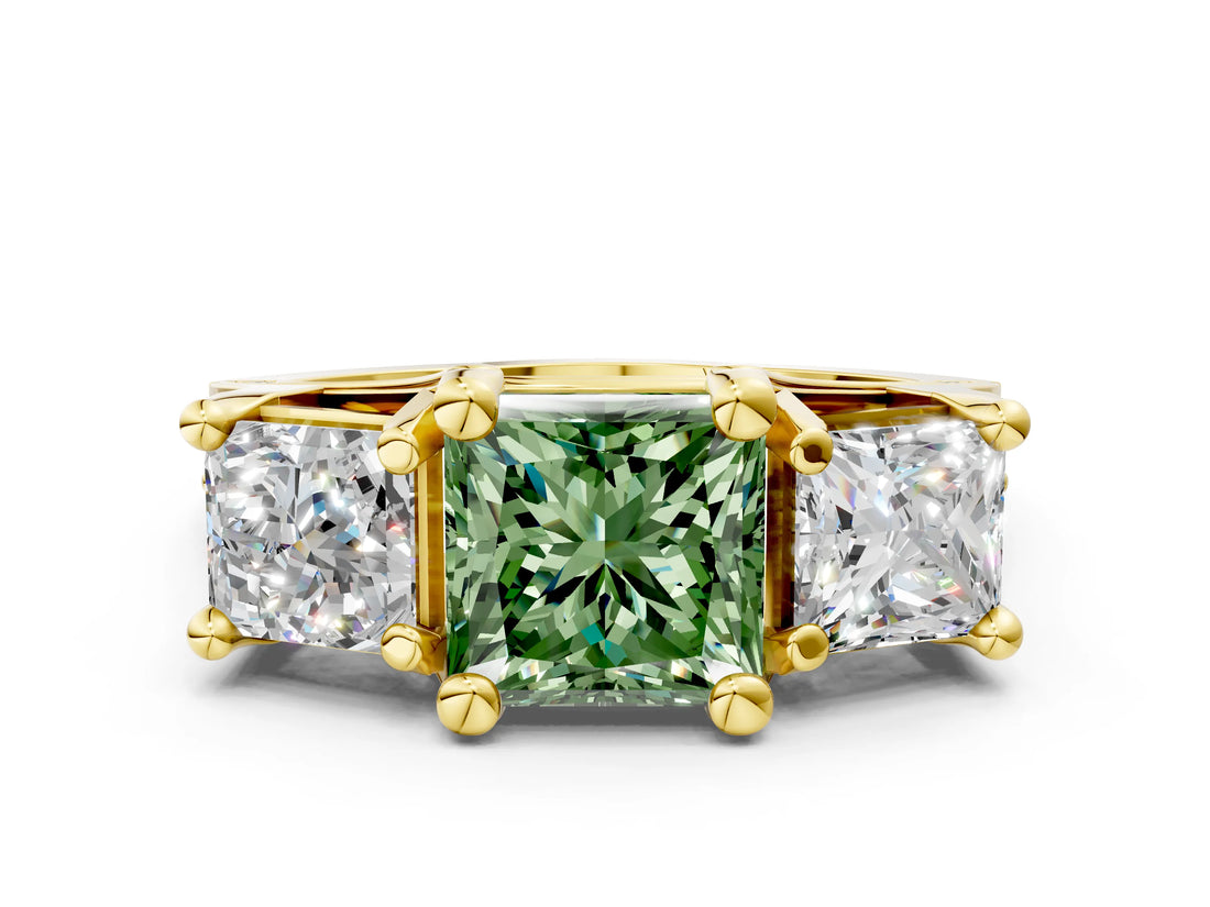 Yellow gold Three-Stone Fancy Green Princess  Cut Diamond Ring with Channel-Set Band and Four-Prong Setting_34