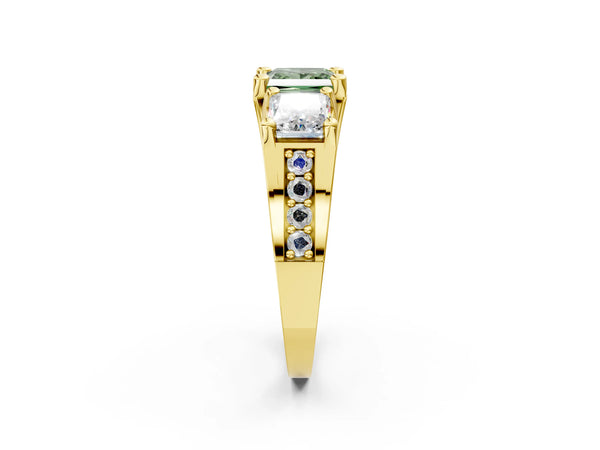 Yellow Gold Princess Cut Three Stone Pave Engagement Ring Setting for Fancy Green Center with Near-Equal Side Stones