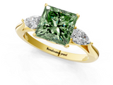 Yellow gold Three-Stone Fancy Green Princess  Cut Diamond Ring with Pear Side Stones in Four-Prong Setting_1