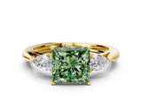 Yellow gold Three-Stone Fancy Green Princess Cut Diamond Ring with Pear  Side Stones in Four-Prong Setting_12