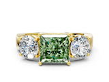 Yellow gold Three-Stone Fancy Green Princess Cut Diamond Ring with Round Side Stones, Classic Band, and Four-Prong Setting