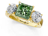 Yellow gold Three-Stone Fancy Green Princess Cut Diamond Ring with Round Side Stones, Classic Band, and Four-Prong Setting_1
