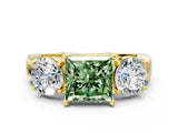 Yellow gold Three-Stone Fancy Green Princess Cut Diamond Ring with Round Side Stones, Classic Band, and Four-Prong Setting_12