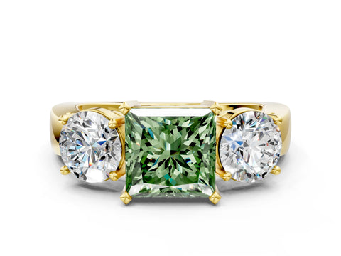 Yellow gold Three-Stone Fancy Green Princess Cut Diamond Ring with Round Side Stones, Classic Band, and Four-Prong Setting_12