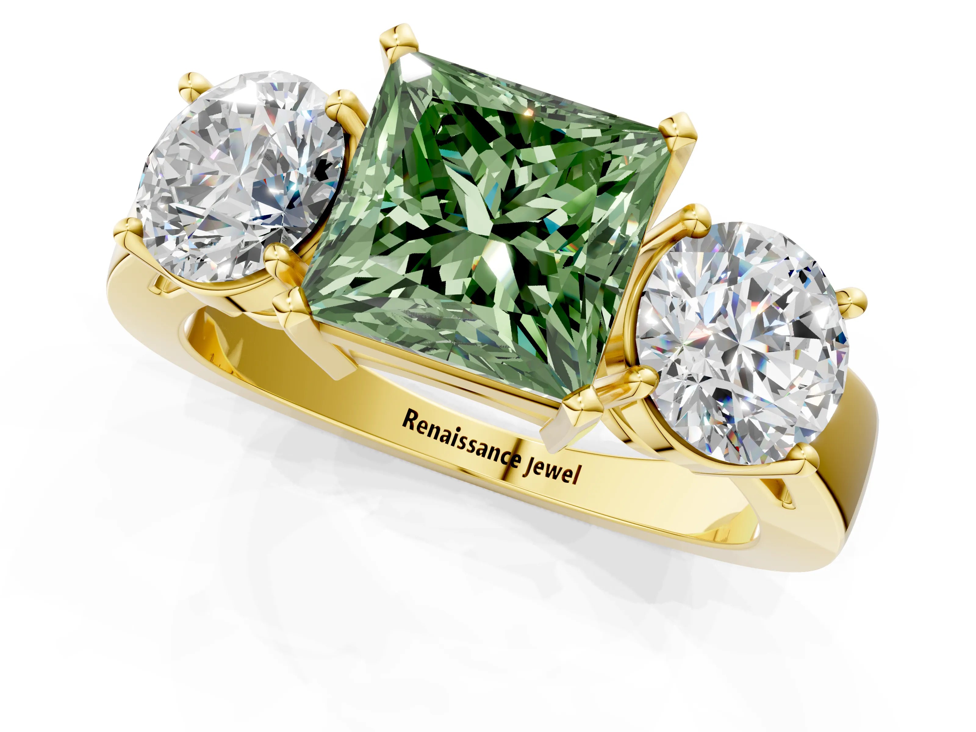 Yellow gold Three-Stone Fancy Green Princess Cut Diamond Ring with Round Side Stones, Classic Band, and Four-Prong Setting_13