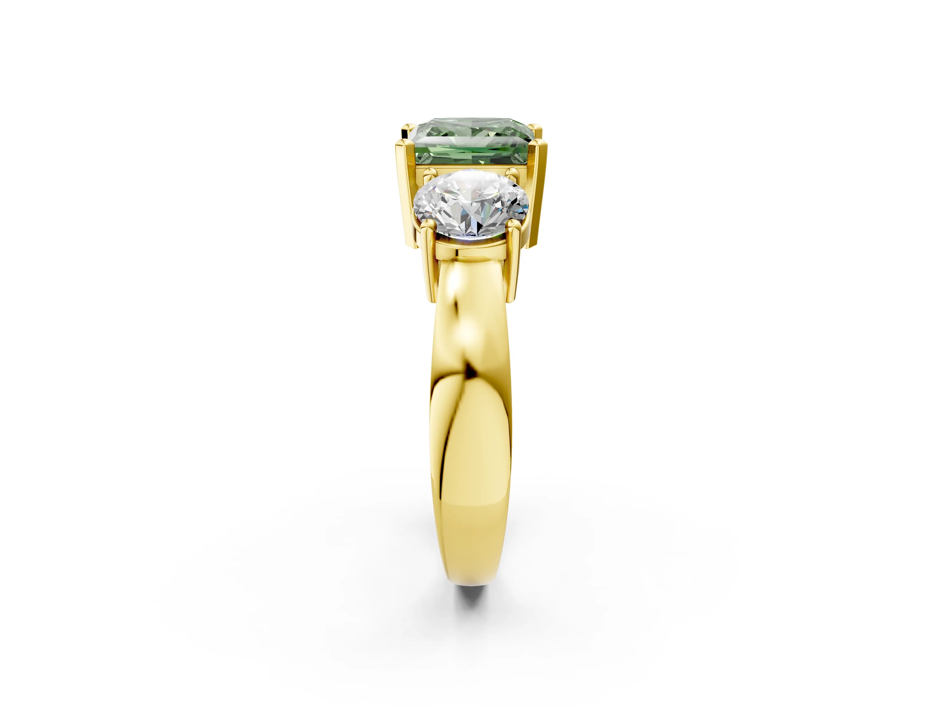 Yellow gold Three-Stone Fancy Green Princess Cut Diamond Ring with Round Side Stones, Classic Band, and Four-Prong Setting_14