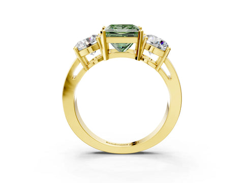 Yellow gold Three-Stone Fancy Green Princess Cut Diamond Ring with Round Side Stones, Classic Band, and Four-Prong Setting_15
