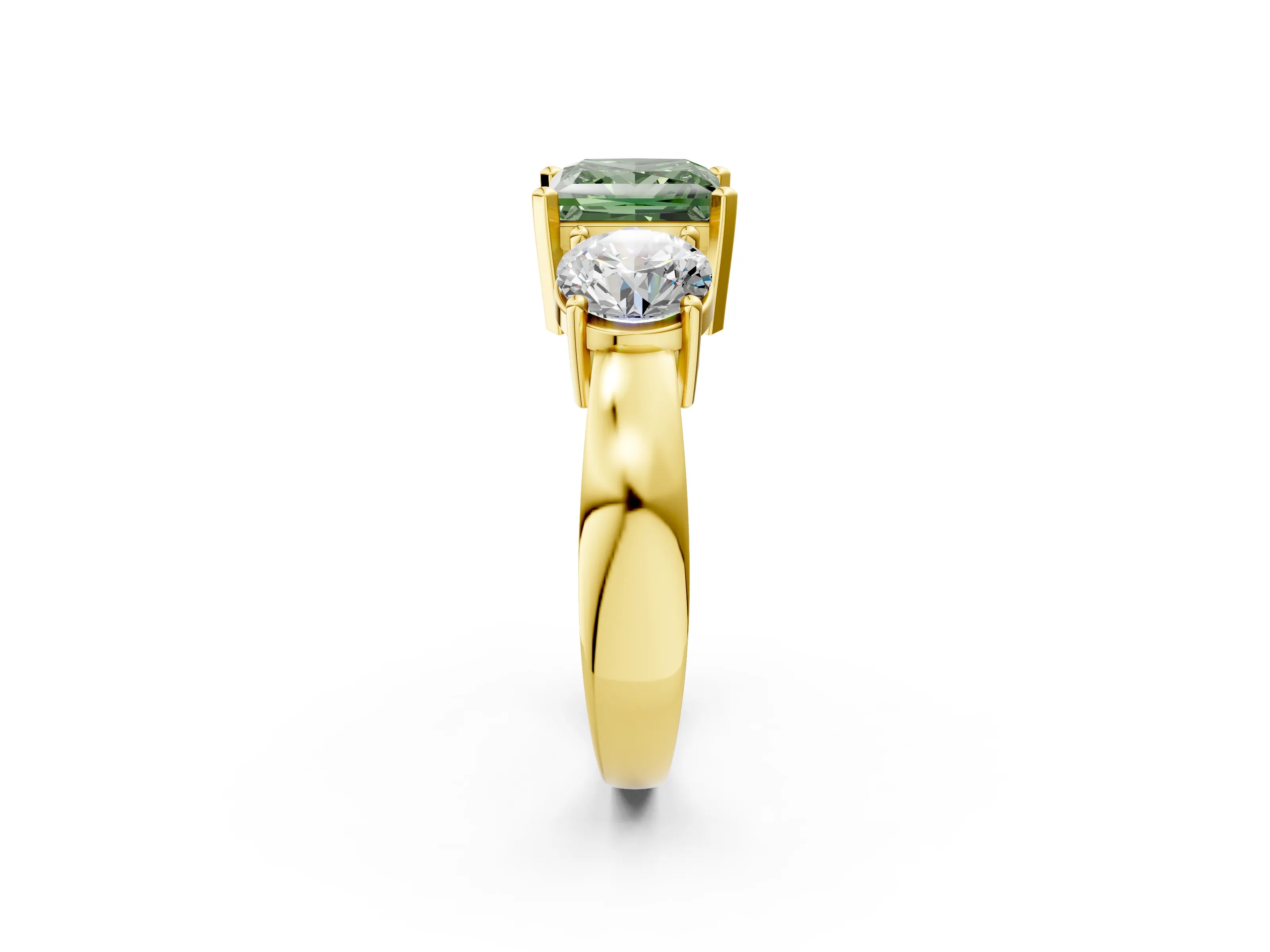 Yellow gold Three-Stone Fancy Green Princess Cut Diamond Ring with Round Side Stones, Classic Band, and Four-Prong Setting_2