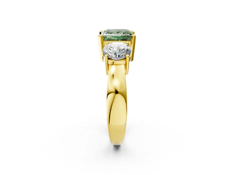 Yellow gold Three-Stone Fancy Green Princess Cut Diamond Ring with Round Side Stones, Classic Band, and Four-Prong Setting_2