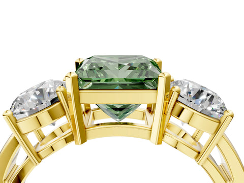 Yellow gold Three-Stone Fancy Green Princess Cut Diamond Ring with Round Side Stones, Classic Band, and Four-Prong Setting_4