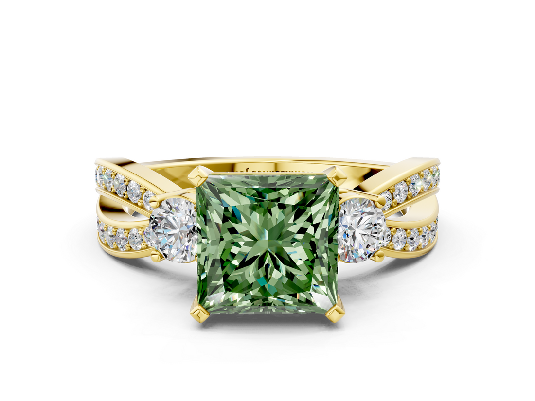 Yellow gold Three-Stone Fancy Green Princess  Cut Diamond Twist Band with Prong Setting