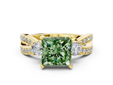 Yellow gold Three-Stone Fancy Green Princess  Cut Diamond Twist Band with Prong Setting