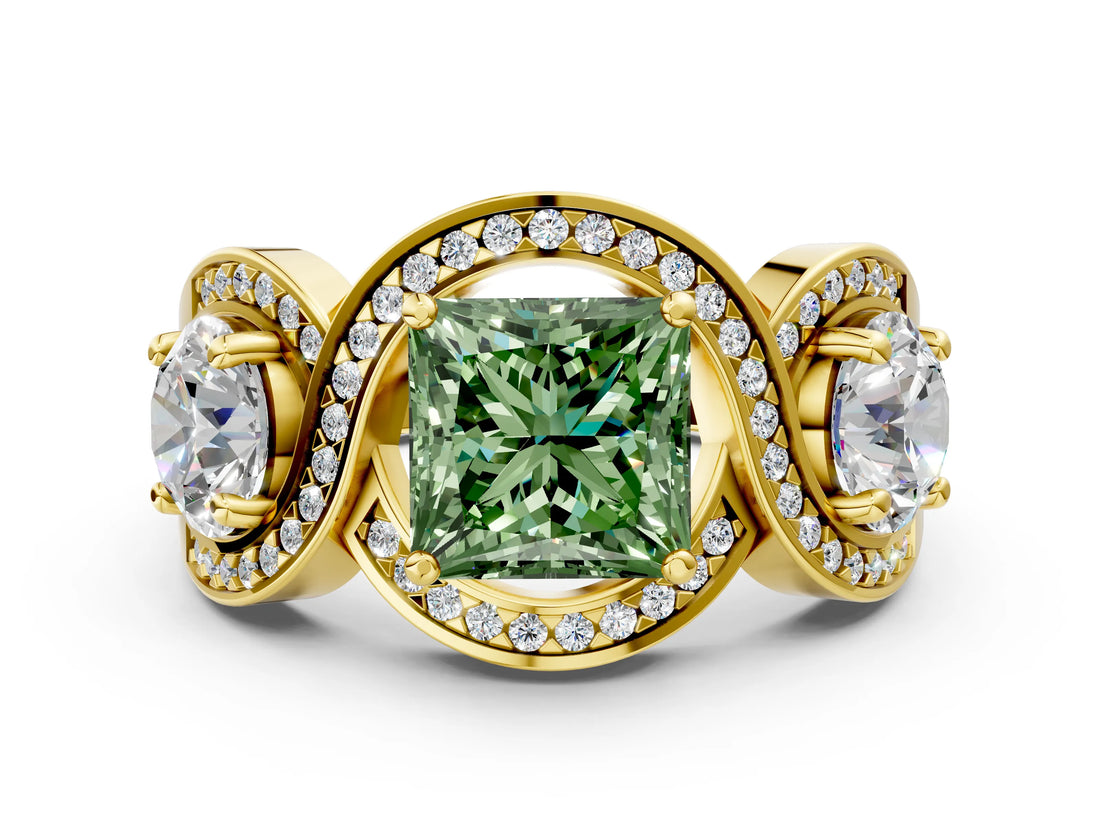 Yellow gold Three-Stone Fancy Green Princess Cut Diamond Wave Pave Band with Prong Setting_6